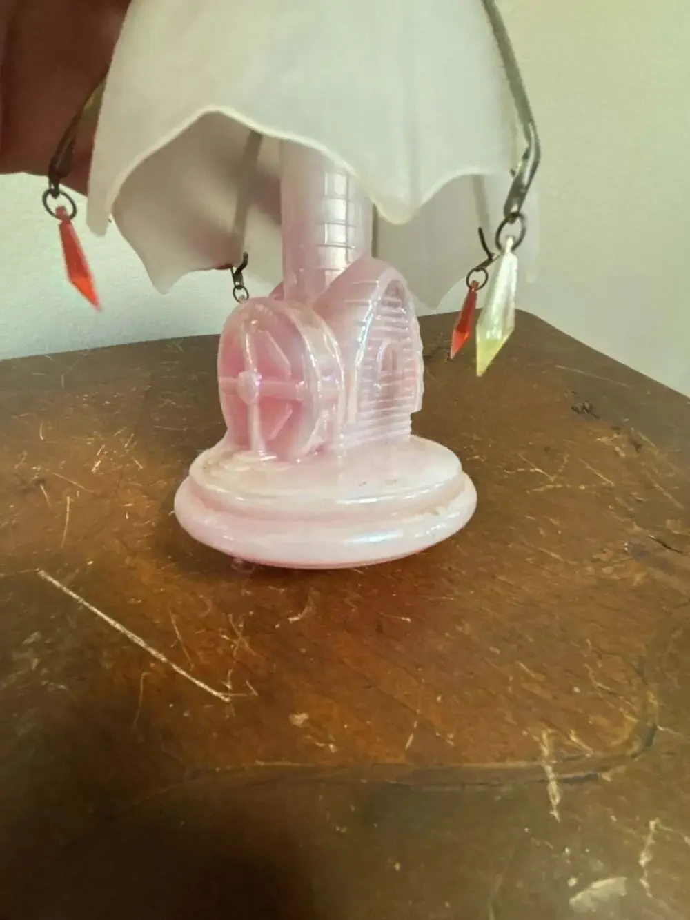 Vintage Pink Iridescent Milk Glass Water Mill Scent Lamp with Shade